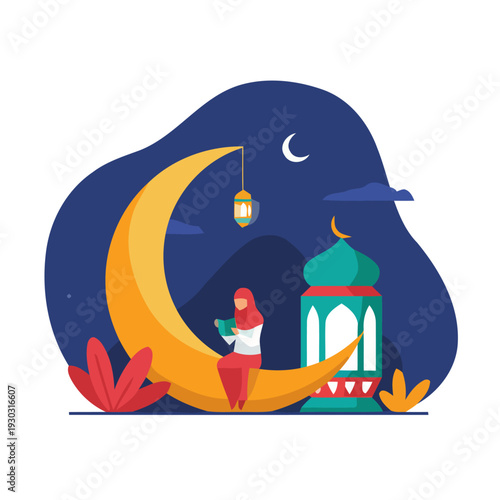 Illustration of a person sitting on a crescent moon with a lantern hanging beside a decorative lamp post at dusk