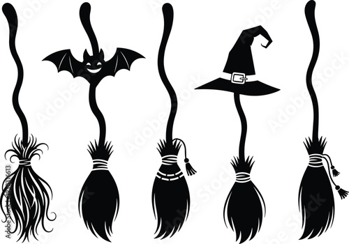 Halloween witch broom silhouettes set, spooky black vector illustration with bat and hat for festive decoration design