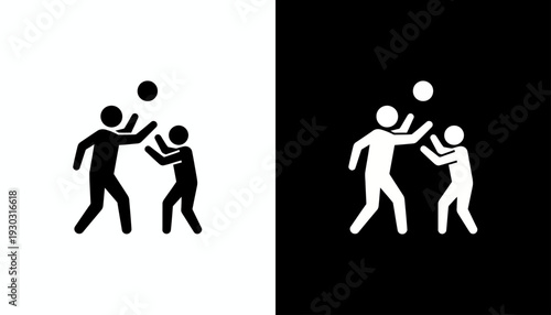 Two stick figures playing volleyball together on a neutral background from a straightforward view