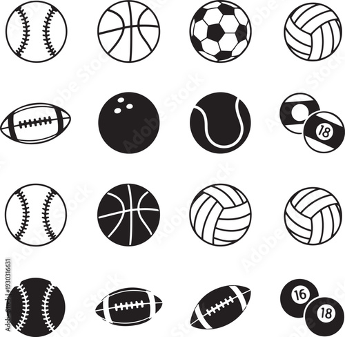 Collection of black and white sports balls and billiard balls baseball basketball soccer ball volleyball