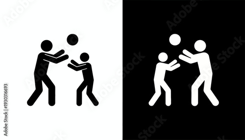 Father and Son Playing Catch in a Dual-Tone Illustration Showcasing Parent-Child Bonding