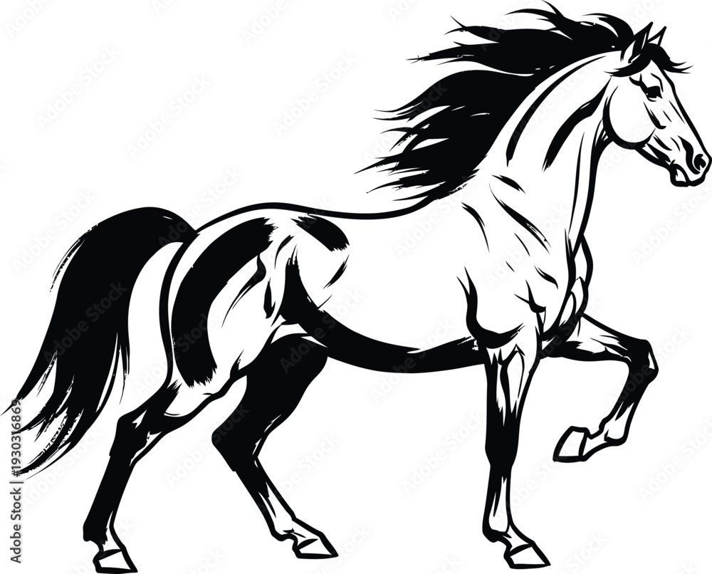 Fototapeta premium A black and white illustration of a horse in motion
