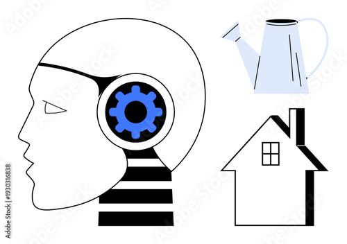 Artificial intelligence, technology, robotics, automation, home living, innovation. Side view of a robot head with a blue gear inside, watering can and house silhouette. Artificial intelligence