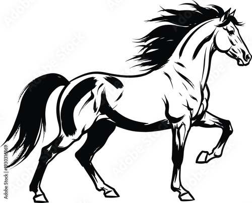 A black and white illustration of a horse in motion