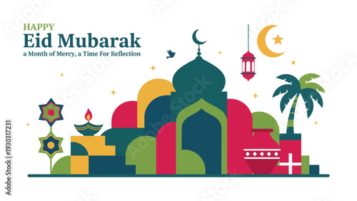 Vibrant Eid celebration illustration featuring mosque, palm tree, and lanterns in a festive atmosphere