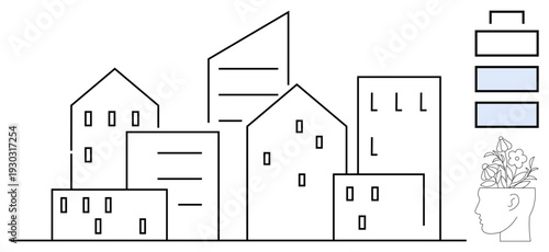 Geometric city buildings next to a head silhouette sprouting flowers. Ideal for creativity, urban growth, sustainability, mindfulness, innovation, balance, and simplicity. A simple flat metaphor