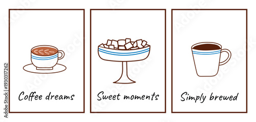 Coffee card set with espresso cup, sugar bowl and drink mug