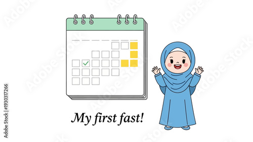 Young girl in hijab celebrating her first fast with a calendar marking the special day