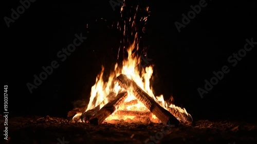 Cinematic Bonfire Burning at Night with Dark Copy Space 4K Background