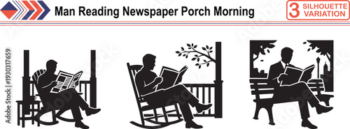 Silhouette of Man Reading Newspaper on Porch in Morning for Traditional Lifestyle and Routine
