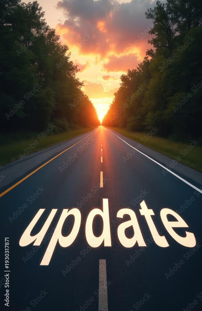 Naklejka premium Asphalt road leads to vibrant sunset through forest. Word update painted on pavement. Symbolizes progress change and new beginnings for journeys.