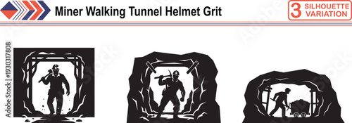 Industrial Miner Silhouette Walking in Underground Tunnel with Helmet for Grit and Mining Pride