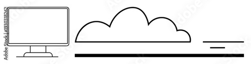 Cloud computing concept. Black and white design a monitor and cloud cloud storage and technology. Cloud computing for digital transformation, IT solutions, data management, online storage