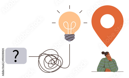 Creativity, decision-making, problem-solving, innovation, navigation, strategy. Light bulb, tangle map pin and thinking person. Problem-solving and creativity concept