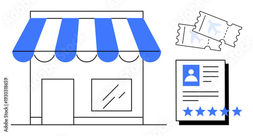 Storefront with striped blue awning, customer rating document featuring five stars, and airplane tickets. Ideal for travel services, local businesses, reviews, ratings, customer experience, retail