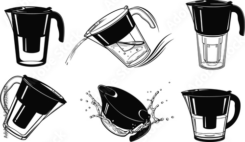Water filter pitcher illustration showing pouring, splashing, upright positions, clean drinking water concept, hydration, kitchen appliance design artwork