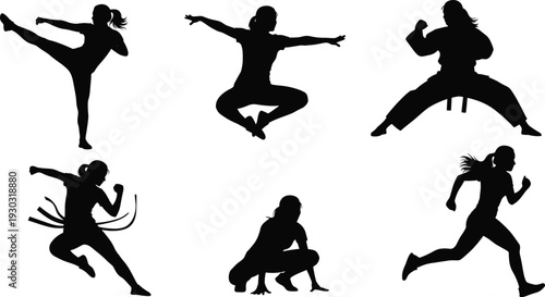 Dynamic martial arts silhouettes showing athletes in action poses, fitness training, combat movement, agility, strength, sports lifestyle illustration