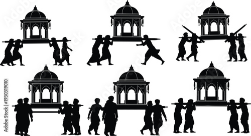 Traditional palanquin silhouettes with groups of people carrying ornate litters, cultural procession, ceremonial transport, heritage, ritual artwork illustration