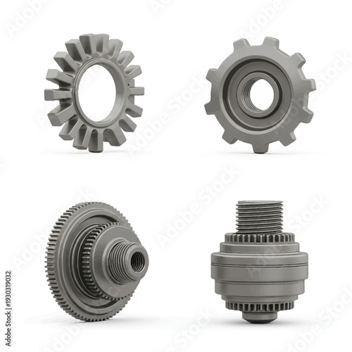 Collection of Industrial Metal Gears and Mechanical Components.