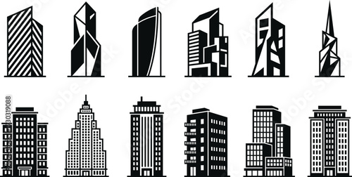 Modern building icon set, skyscraper office tower city architecture vector collection isolated on light background illustration