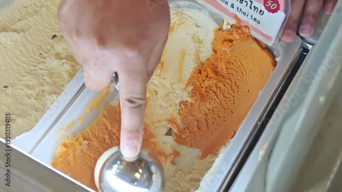 Scooped up vanilla and Thai tea ice cream.