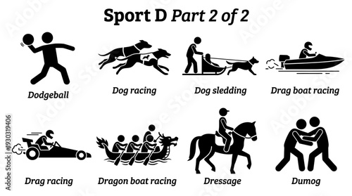Sport D Icon Set Part 2 – Dynamic Silhouettes Featuring Dodgeball, Dog Racing, Dressage, Drag Racing, and More for Athletic Graphics and Recreation Design Projects