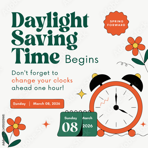 This image showcases a vibrant graphic emphasizing the commencement of daylight saving time in 2026. It includes a calendar marked on March 8th, a clock, and a pencil. high-quality professional detail
