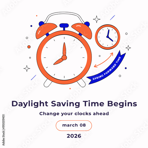 This image showcases a vibrant graphic emphasizing the commencement of daylight saving time in 2026. It includes a calendar marked on March 8th, a clock, and a pencil. high-quality professional detail