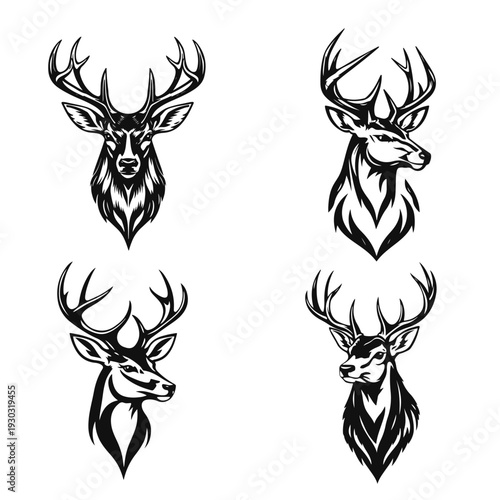 Vector set of four deer head logos. Wild stag, forest animal, antler buck, nature wildlife