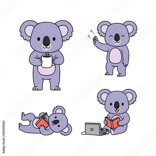 Canvas Print Cute cartoon koalas in daily activities with copy space