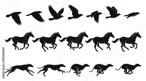Running Animals and Flying Birds Icon Set – Dynamic Wildlife Silhouettes Featuring Horses, Greyhounds, and Crows in Motion for Nature Graphics and Educational Projects