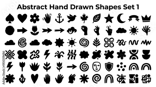 Abstract Hand Drawn Shapes Set 1 – Creative Symbol Icons Featuring Nature, Celestial, Gestural, and Geometric Forms for Artistic Graphics and Modern Design Projects