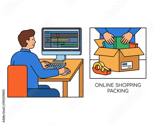 Man shopping online and packing order at desk with computer.