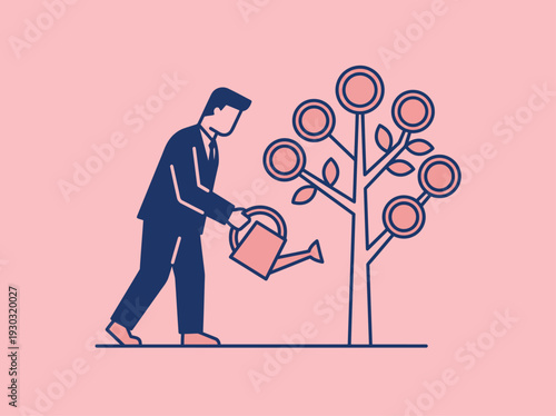 Man in suit watering a tree with money growing on it.