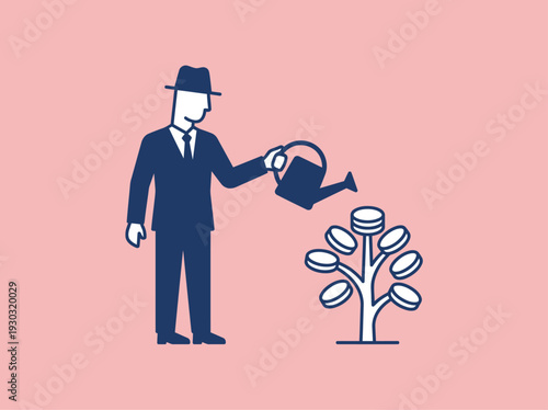 Man in suit watering a money tree with a watering can.