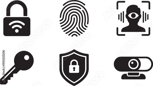 Cybersecurity, Biometric Authentication and Digital Privacy Protection Silhouette Icon Set Vector Illustration