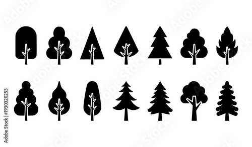 Minimal flat tree icons silhouette set for environmental and healthy living design isolated on white background