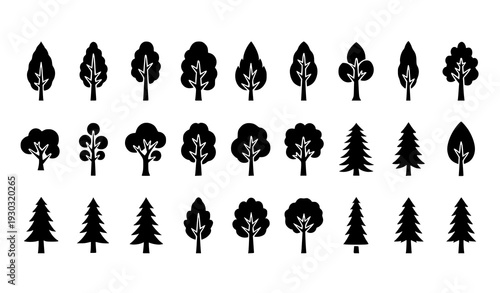 Flat tree silhouette icon collection vector set for nature ecology and healthy lifestyle concepts isolated on white