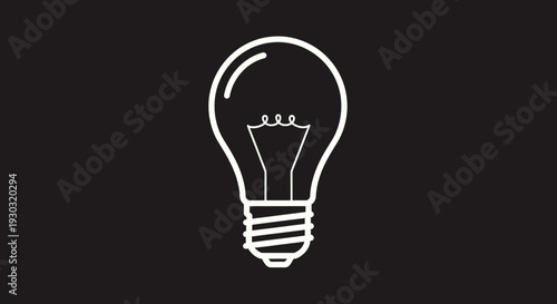 Simple White Light Bulb Icon on Black Background, Symbol of Idea and Innovation