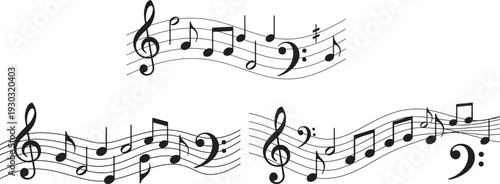 Black musical notes and staffs on a white background, representing a symphony of music and creativity