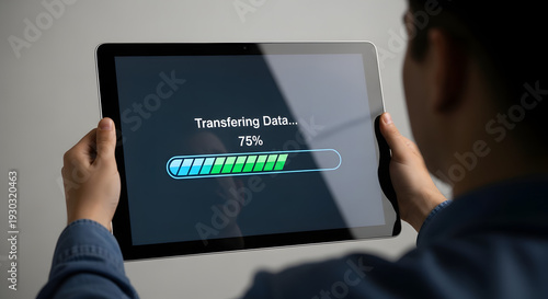 Wallpaper Mural Person holding tablet showing data transfer progress bar, 75% complete, isolated on transparent background Torontodigital.ca