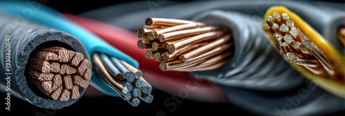 detailed close-up of multi-core electrical cables with exposed copper conductors. The finely stranded wires and colorful insulation highlight energy transmission, connectivity, and modern electrical e