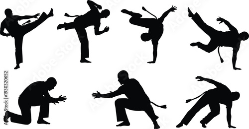 Capoeira silhouette illustrations, martial arts dance, acrobatic kicks, handstands, fluid motion, Brazilian culture, black vector design, athletic performance art