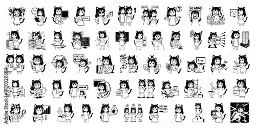 Cute Kawaii Cat Girl Chibi Sticker Set  Black and White Anime Manga Cartoon Character Collection
