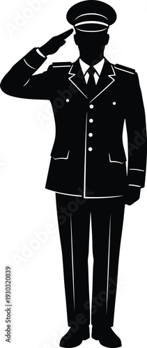 Police officer silhouette saluting, military uniformed man standing black vector illustration isolated on light background authority symbol
