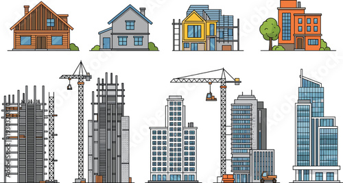 Illustration of different types of buildings and construction stages, from houses to skyscrapers