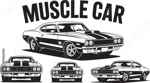 Muscle car with four different views cars vehicles transportation black and white
