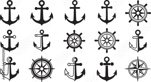 Nautical symbols including anchors and ship wheels in black on white background compass