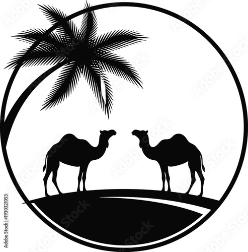 Black and white desert silhouette illustration with two camels facing each other under palm tree oasis inside circular border design artwork