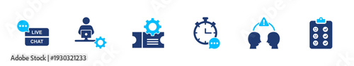 Customer support system icon set. service, helpdesk, assistance, communication, ticket. solid style icon collection.